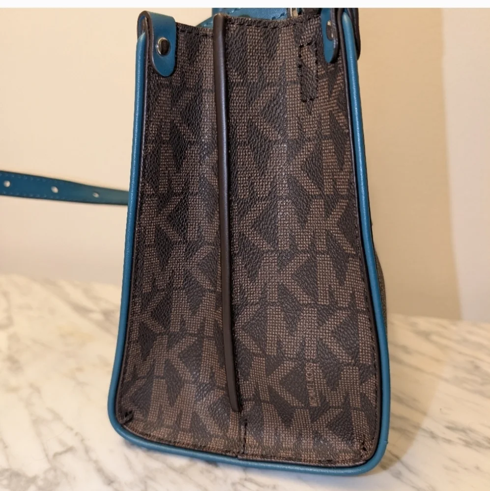 Michael Kors Brown Satchel with Teal and Light Blue Trim